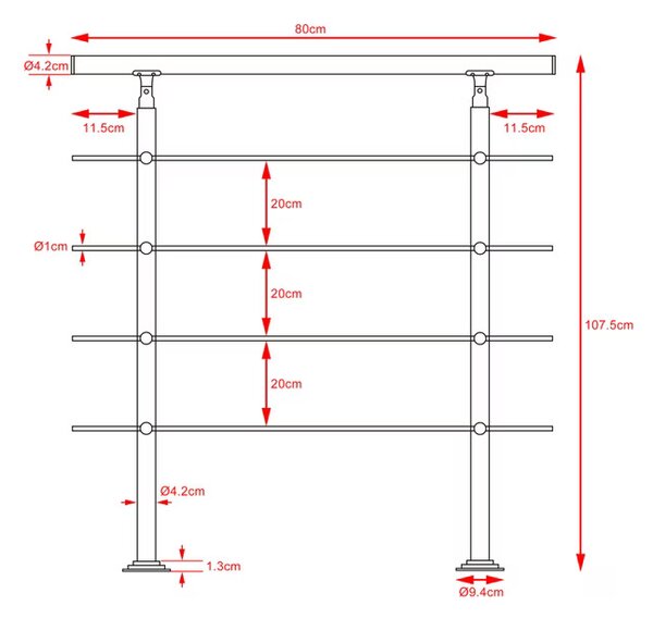 Schodiskové zábradlie 4 vzpery - 80 cm