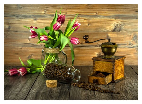Sklenený obraz - tulipány, mlynček a káva (70x50 cm)