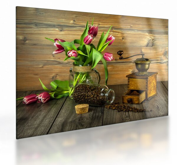 Sklenený obraz - tulipány, mlynček a káva (70x50 cm)