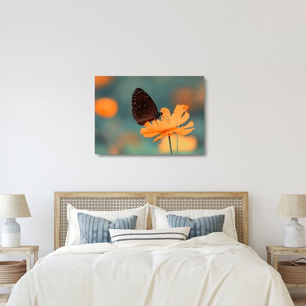 Sklenený obraz - motýľ na oranžovom kvete (70x50 cm)