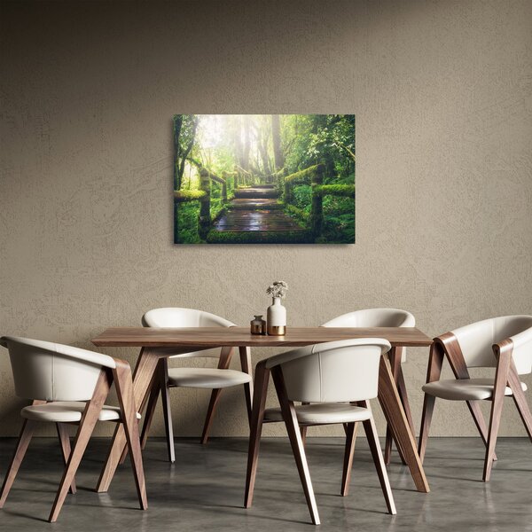 Sklenený obraz - drevené schody v lese (70x50 cm)