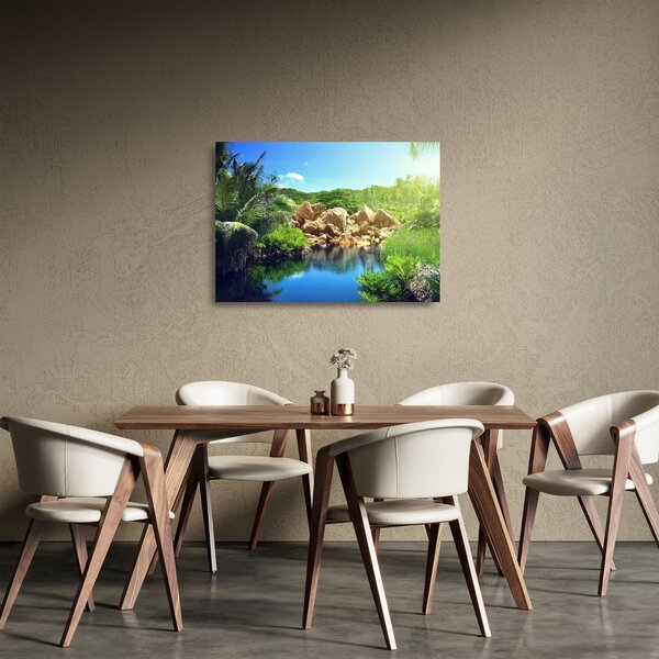 Sklenený obraz jazera v Seychelskej džungli (70x50 cm)