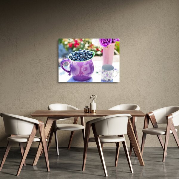 Sklenený obraz - čučoriedky v hrnčeku (70x50 cm)