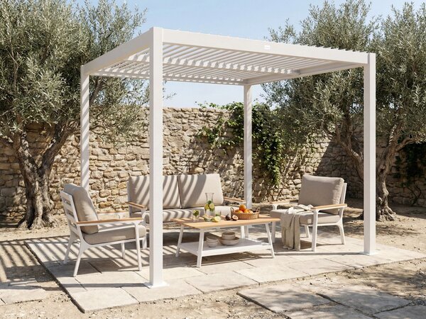 Pergola biela kov hliníkový rám tienidlo 310 x 310 cm altánok moderný industriálny štýl záhrada