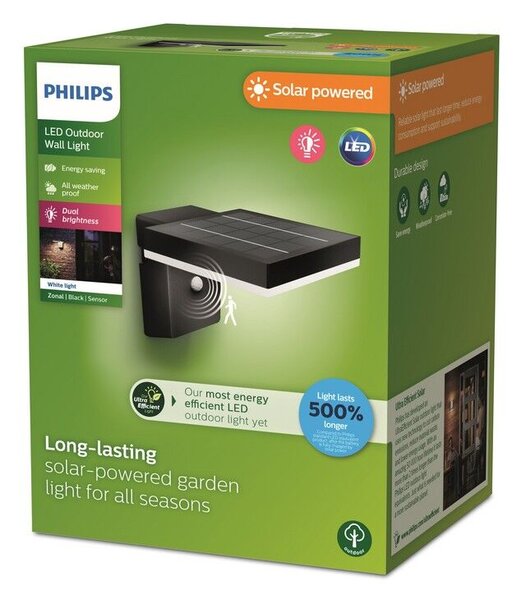 Philips 8720169265745 UltraEfficient Solar Zonal solárne nástenné svietidlo so senzorom PIR LED 1,3W 250/25lm 3000K IP44 čierna