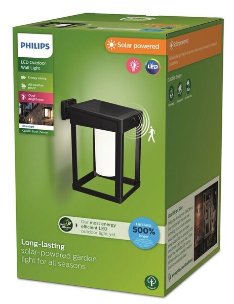 Philips 8720169263871 UltraEfficient Solar Camill solárne nástenné svietidlo so senzorom LED 1,4W 250/25lm 3000K IP44 čierna