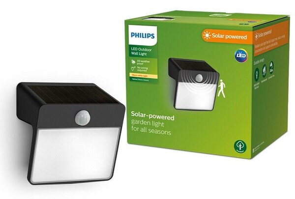 Philips 8720169265448 Outdoor solar Yarixa solárne nástenné svietidlo so senzorom LED 2,2W 250/25lm 2700K IP44 čierna
