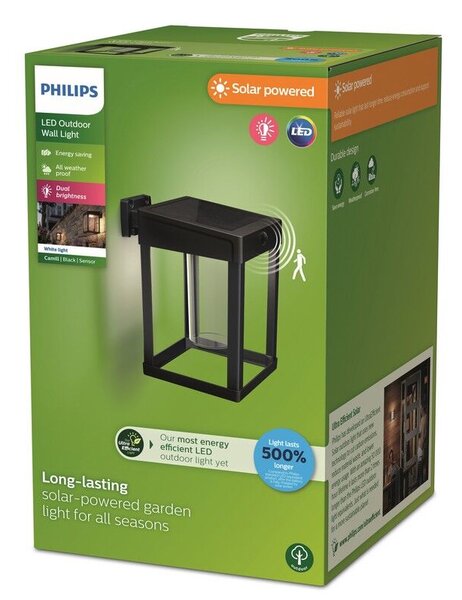Philips 8720169263918 UltraEfficient Solar Camill solárne nástenné svietidlo so senzorom LED 1,4W 250/25lm 3000K IP44 čierna