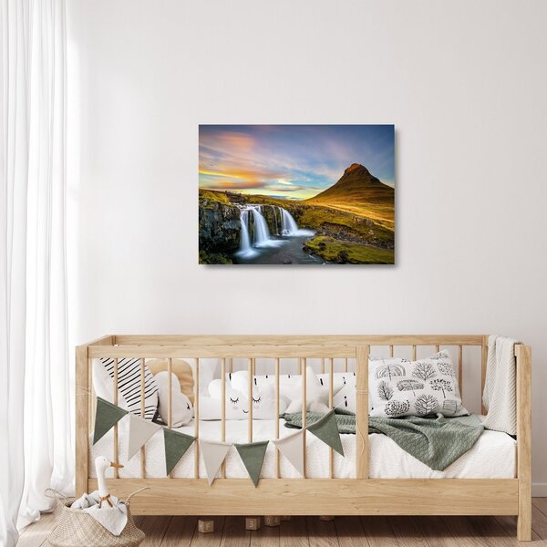Sklenený obraz hory a vodopádov na Islande (70x50 cm)