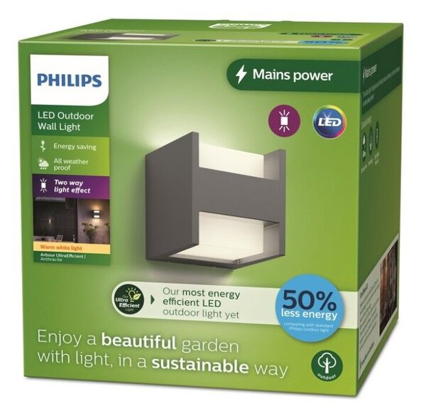 Philips 8720169263857 UltraEfficient Arbour Ultra Efficient vonkajšie nástenné svietidlo LED 3,8W/2x400lm 2700K IP44 antracit