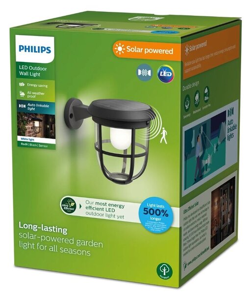 Philips 8720169267176 UltraEfficient Solar Radii solárne nástenné svietidlo so senzorom PIR LED 1,3W/250lm 3000K IP44 čierna