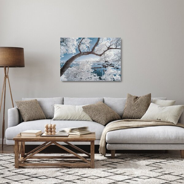 Sklenený obraz zasneženého stromu pri vode (70x50 cm)