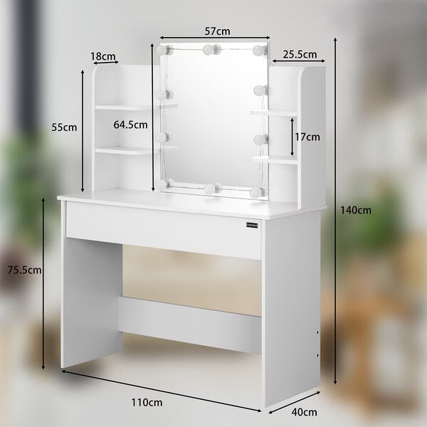 Toaletný stolík Lucia s LED osvetlením 140x110x40 cm - biely