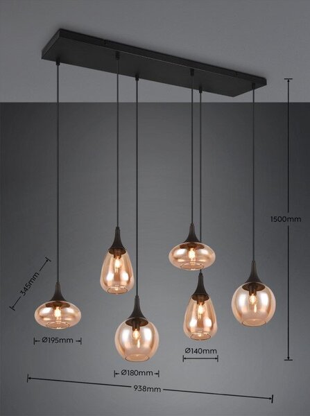 TRIO 317000613 LUMINA závesné svietidlo 6xE14 čierna matná, jantárová