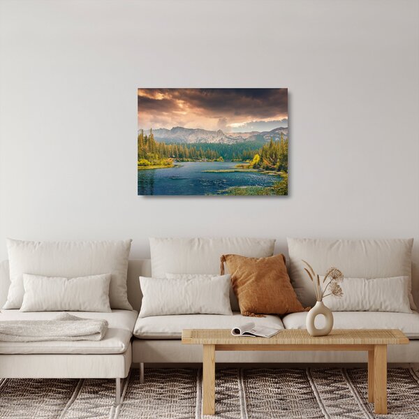 Sklenený obraz horskej rieky a hôr (70x50 cm)