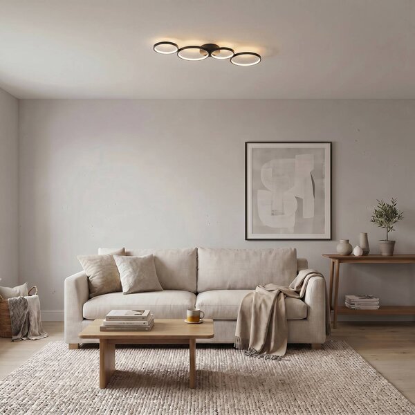 Lindby stropné LED svetlo Evengeline, čierne, hliník, 88 cm, Čierna, Obývacia izba / jedáleň, Hliník, Moderný, Stropné svetlo