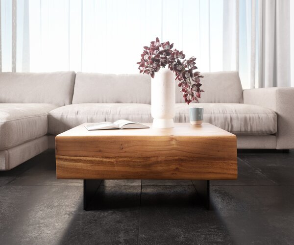 DELIFE Konferenčný stolík New Live-Edge 80x60 cm akácia prírodná 2 zásuvky podstava závesná kov čierna