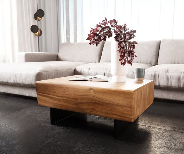 DELIFE Konferenčný stolík New Live-Edge 80x60 cm akácia prírodná 2 zásuvky podstava závesná kov čierna