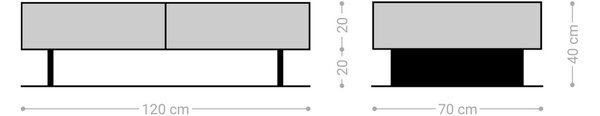 DELIFE Konferenčný stolík Solu 120x70 cm akácia prírodná 4 zásuvky závesná kovová podstava čierna 3D čelá