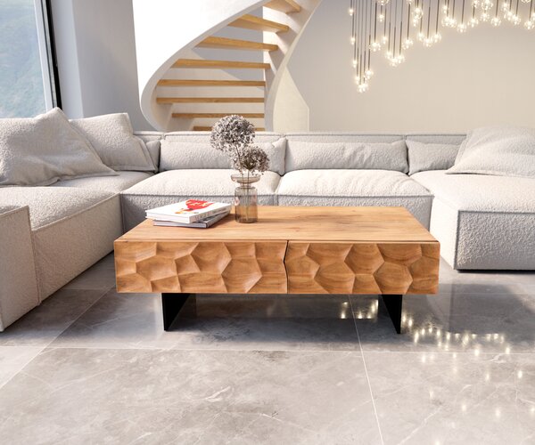 DELIFE Konferenčný stolík Solu 120x70 cm akácia prírodná 4 zásuvky závesná kovová podstava čierna 3D čelá