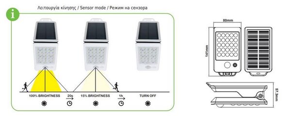 ACA Lighting LED solárne svietidlo ELISA so senzorom pohybu 2W/4000K/200Lm/IP65/Li-on 3,7V/1mAh, biele