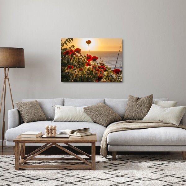 Sklenený obraz západu slnka s vlčími makmi (70x50 cm)
