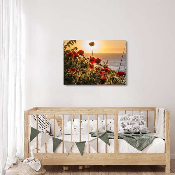 Sklenený obraz západu slnka s vlčími makmi (70x50 cm)