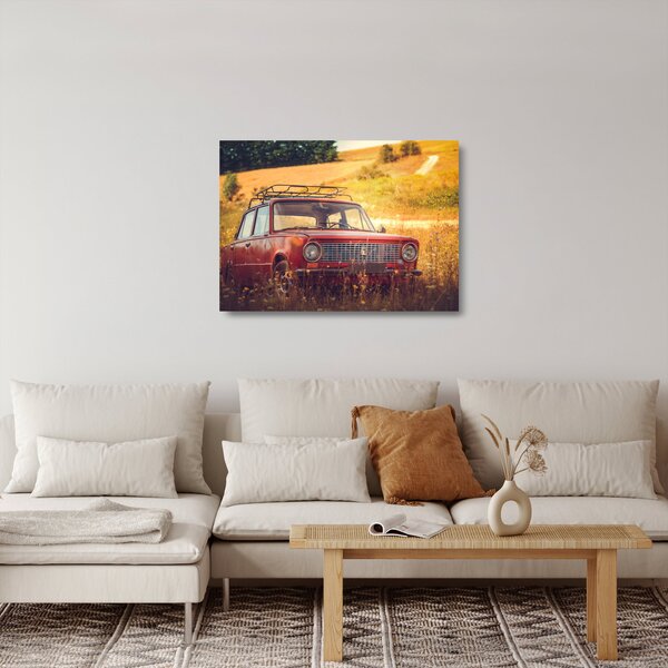 Sklenený obraz auta v poli (70x50 cm)