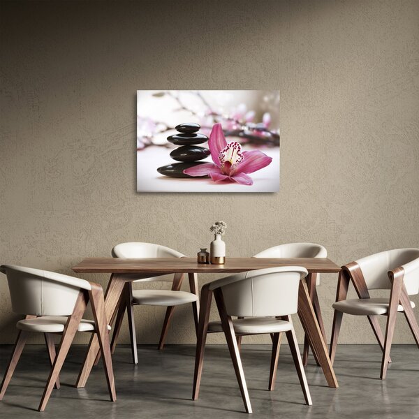 Sklenený obraz masážnych kameňov a orchidey na vode (70x50 cm)