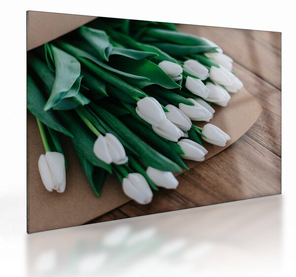 Sklenený obraz kytice bielych tulipánov (70x50 cm)