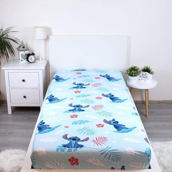 Modrá napínacia bavlnená detská plachta na jednolôžko 90x200 cm Lilo & Stitch "Blue" – Jerry Fabrics