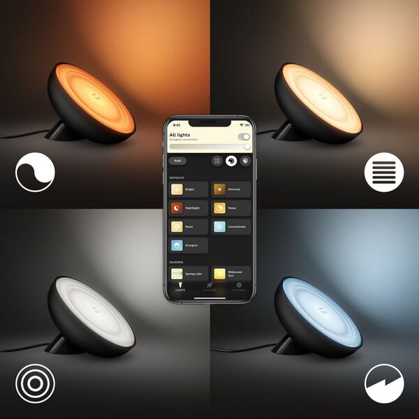 Philips HUE Bloom Gen4 EU/UK dekoračné stolové LED svietidlo 7.1W/500lm 2000-6500K čierna Bluetooth
