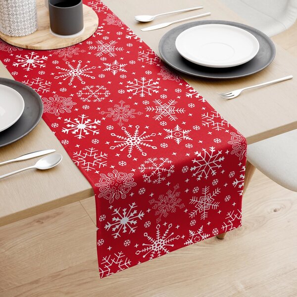Goldea vianočný behúň na stôl 100% bavlna - snehové vločky na červenom 35x140 cm