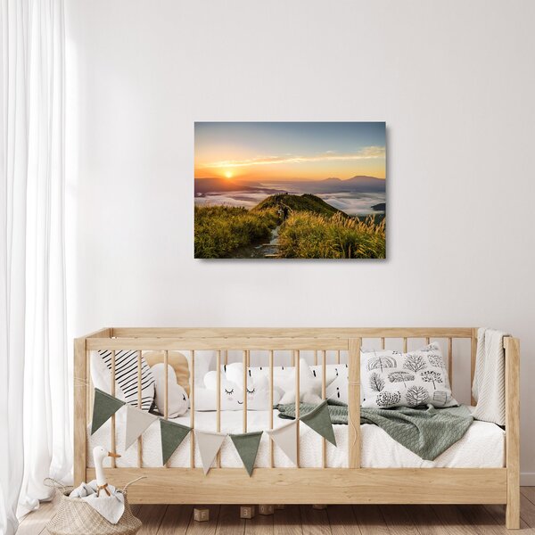 Sklenený obraz hory pri západe slnka (70x50 cm)