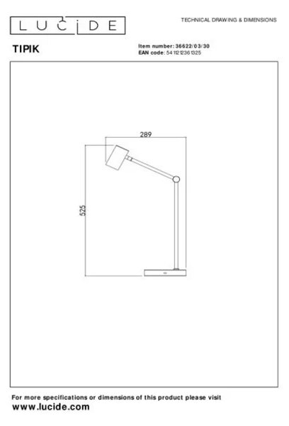 LUCIDE 36622/03/30 TIPIK stolové svietidlo V640mm LED 3W/240lm 2700K čierna, nabíjateľná batéria, 3StepDIM