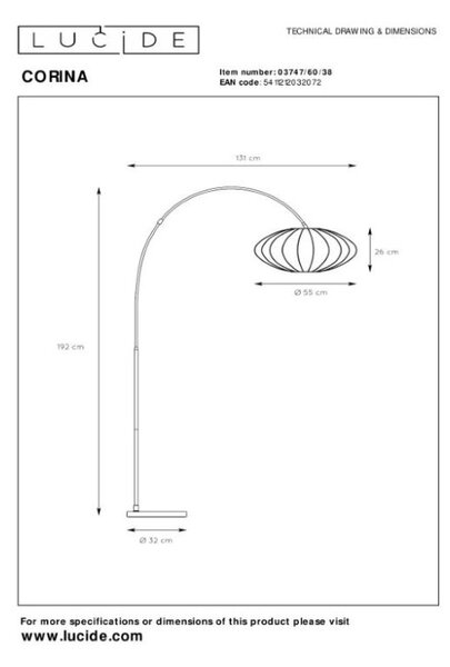 LUCIDE 03747/60/38 CORINA stojacia lampa V1920mm 1xE27 krémová