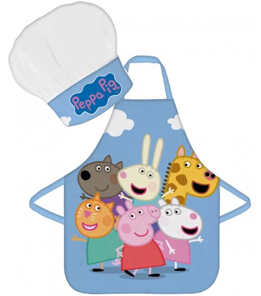Detská zástera s kuchárskou čiapkou Prasiatko Peppa a kamaráti - súprava 2 diely