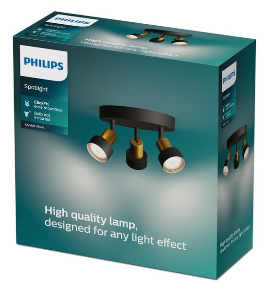 Philips 8720169299955 Conduit stropné bodové svietidlo/spot D196mm 3xGU10 čierna, mosadzná, ClickFix