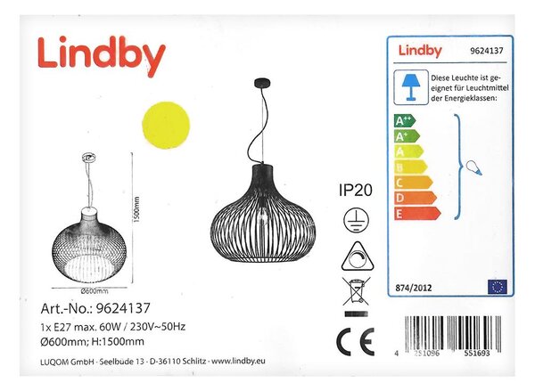 Lindby Lindby - Luster na lanku FRANCES 1xE27/60W/230V LW1062 + záruka 3 roky zadarmo