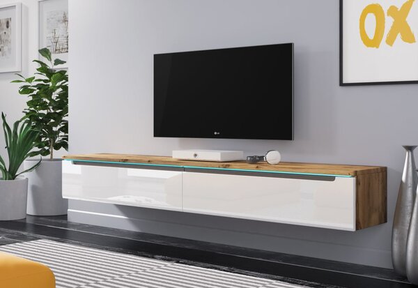 TV stolík MENDES DES I 180, 180x24x33, dub Wotan/biela lesk, bez LED osvetlenia
