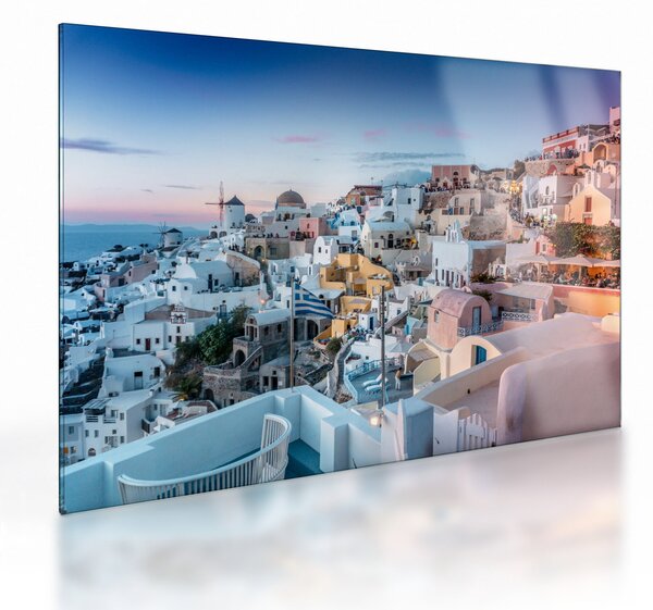 Sklenený obraz - Súmrak v Santorini (70x50 cm)