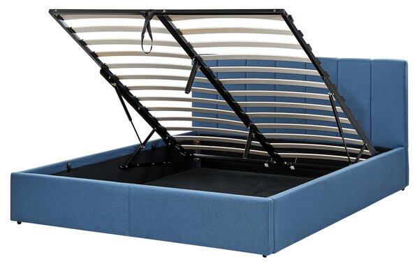 Posteľ modrá čalúnená 160 x 200 cm s úložným priestorom rám postele s roštom a čelom