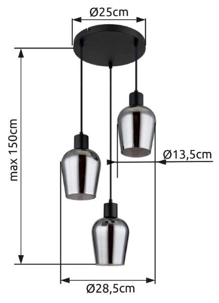 GLOBO 15627-3 RYAN závesné svietidlo D285mm 3xE27 čierna, dymová