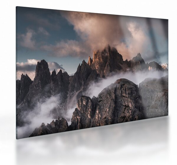 Sklenený obraz - Talianske dolomity schované v hmle (70x50 cm)