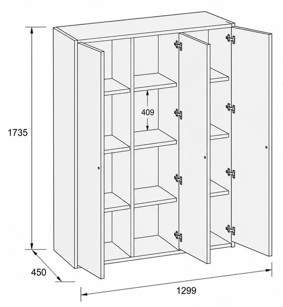Kancelárska skriňa FRAME, 3x dvere, 1299 x 450 x 1735 mm, PUSH-lock, dub prírodný