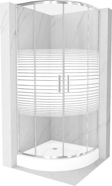 Mexen Rio, štvrťkruhový sprchovací kút s posuvnými dverami 70 x 70 cm, 5mm číre sklo/pásy, chrómový profil + biela vysoká sprchová vanička, 863-070-070-01-20-4710
