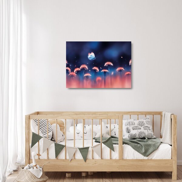 Sklenený obraz púpav s modrým motýľom (70x50 cm)