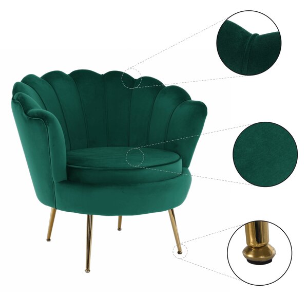 KONDELA Kreslo v štýle Art-deco, smaragdová Velvet látka/gold chróm-zlatý, NOBLIN