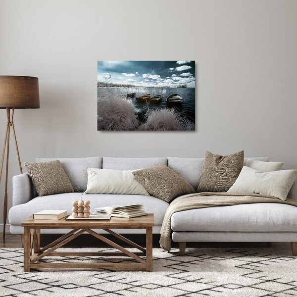 Sklenený obraz - Drevené loďky na jazere (70x50 cm)