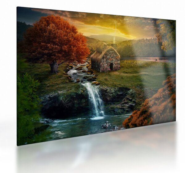 Sklenený obraz Chalupku v rozprávkovej krajine (70x50 cm)